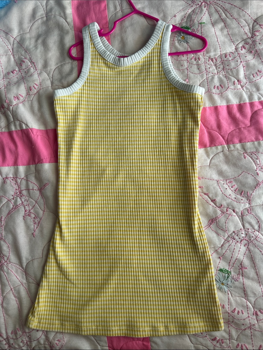 Yellow Ribbed Tank Dress with White Trim